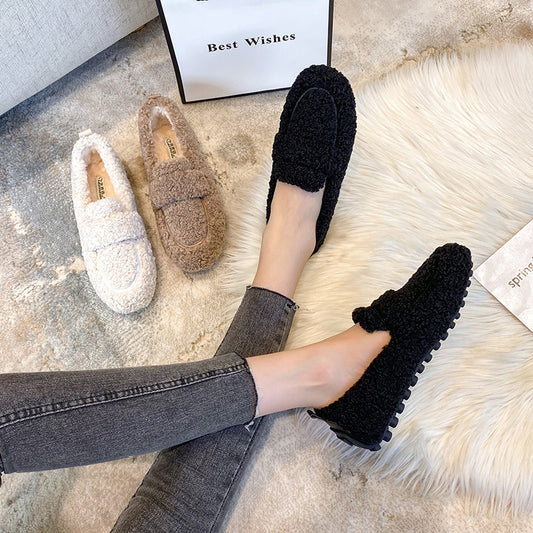Winter Plush Flats Shoes Ins Fashion Slip On Loafers Women's Warm Peas Shoes