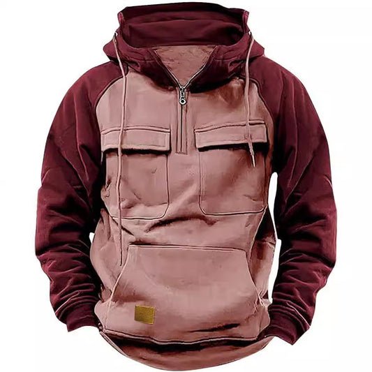 Fall Winter Retro Cargo Hoodies Men's Half Zipper Solid Warm Fleece Sweatshirts Multi Pockets Male Hooded Jackets Thick Outdoor Hooded