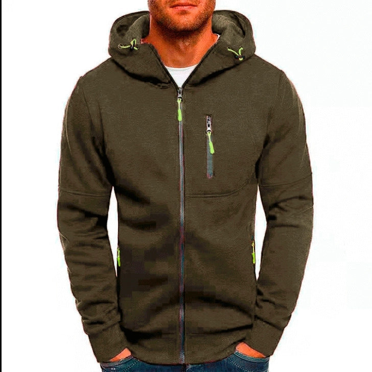 Men's Casual Zipper Hooded Sweater Solid Color Sports Fitness Jackets Cardigan