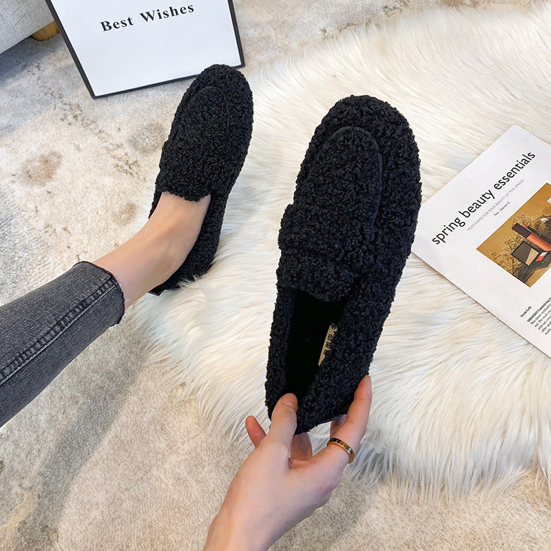 Winter Plush Flats Shoes Ins Fashion Slip On Loafers Women's Warm Peas Shoes
